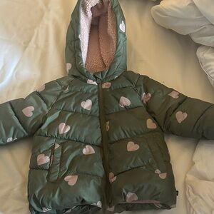 GAP Kids Green Puffer Jacket with Pink Hearts